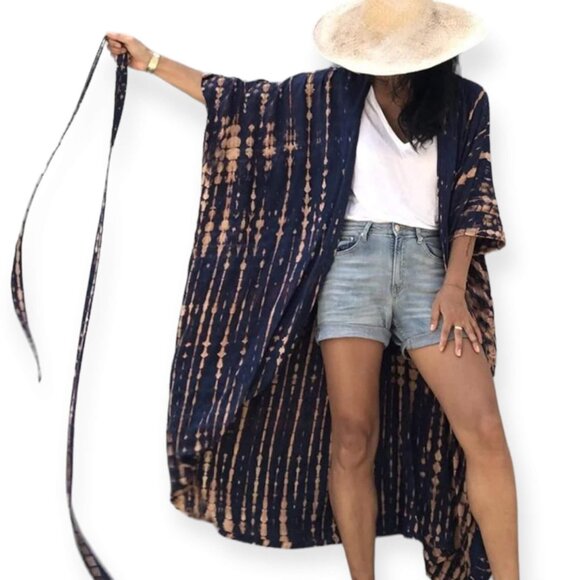 Colorful Gray Dusty Peach Tie Dye Long Kimono Cover Up NEW - Picture 1 of 3